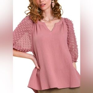 Umgee Mauve Textured Puff Sleeve Blouse Size Large
